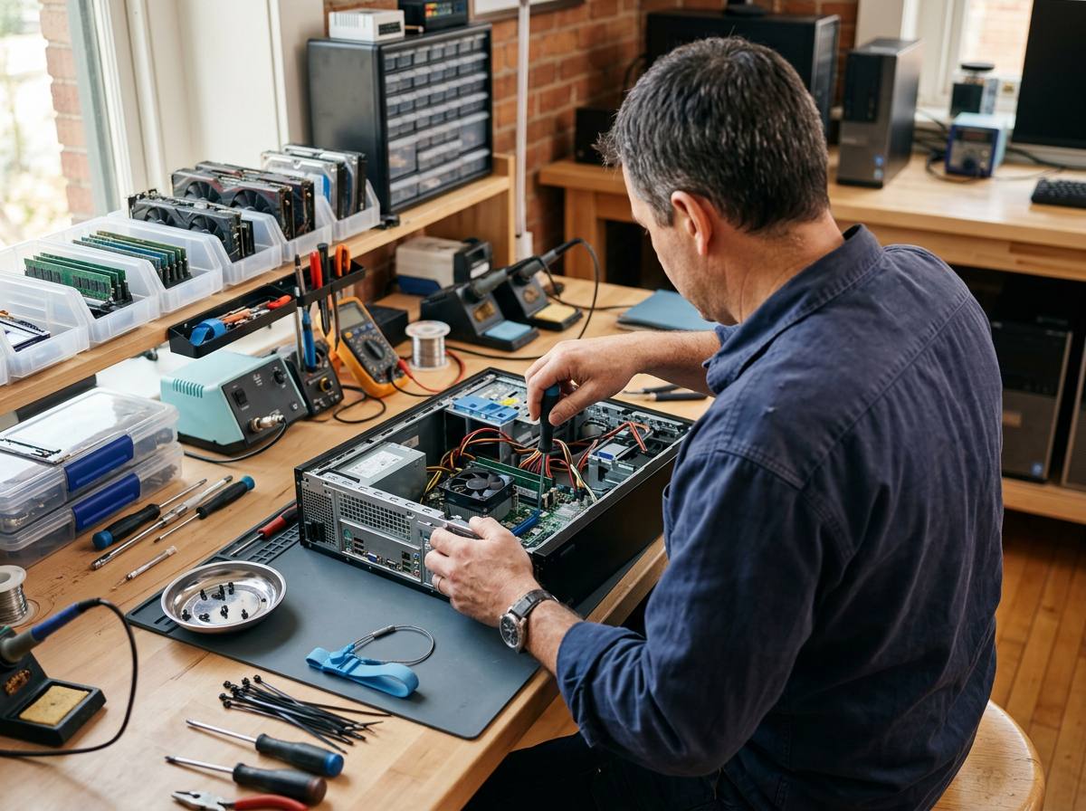 Well Schmidt, owner and lead technician, repairing a laptop at the Macon MS workbench
