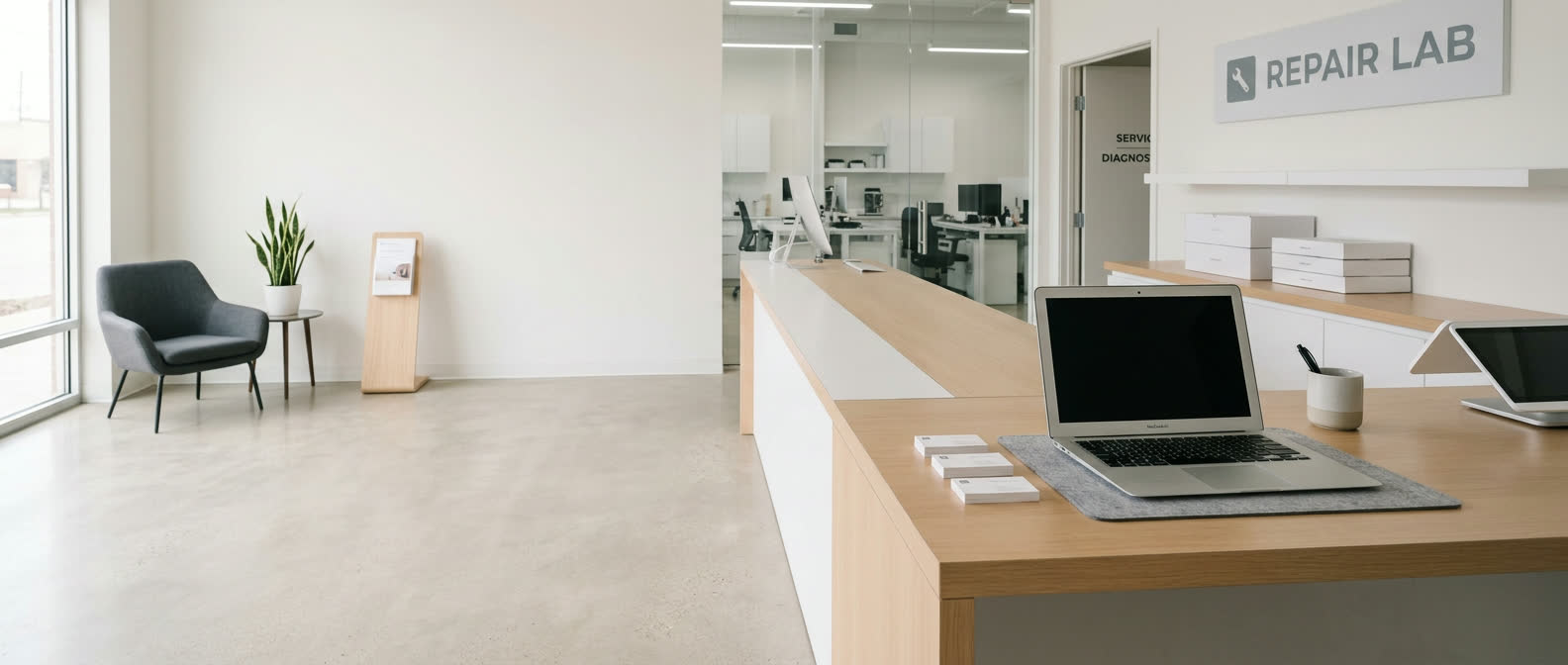 Clean computer repair shop service counter with a laptop ready for diagnostics