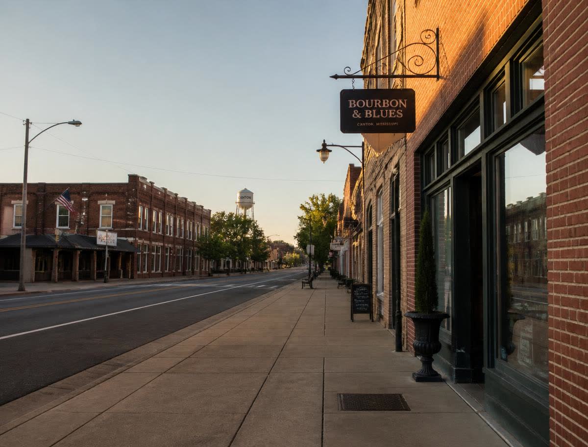Small-town Mississippi main street with brick storefronts at golden hour