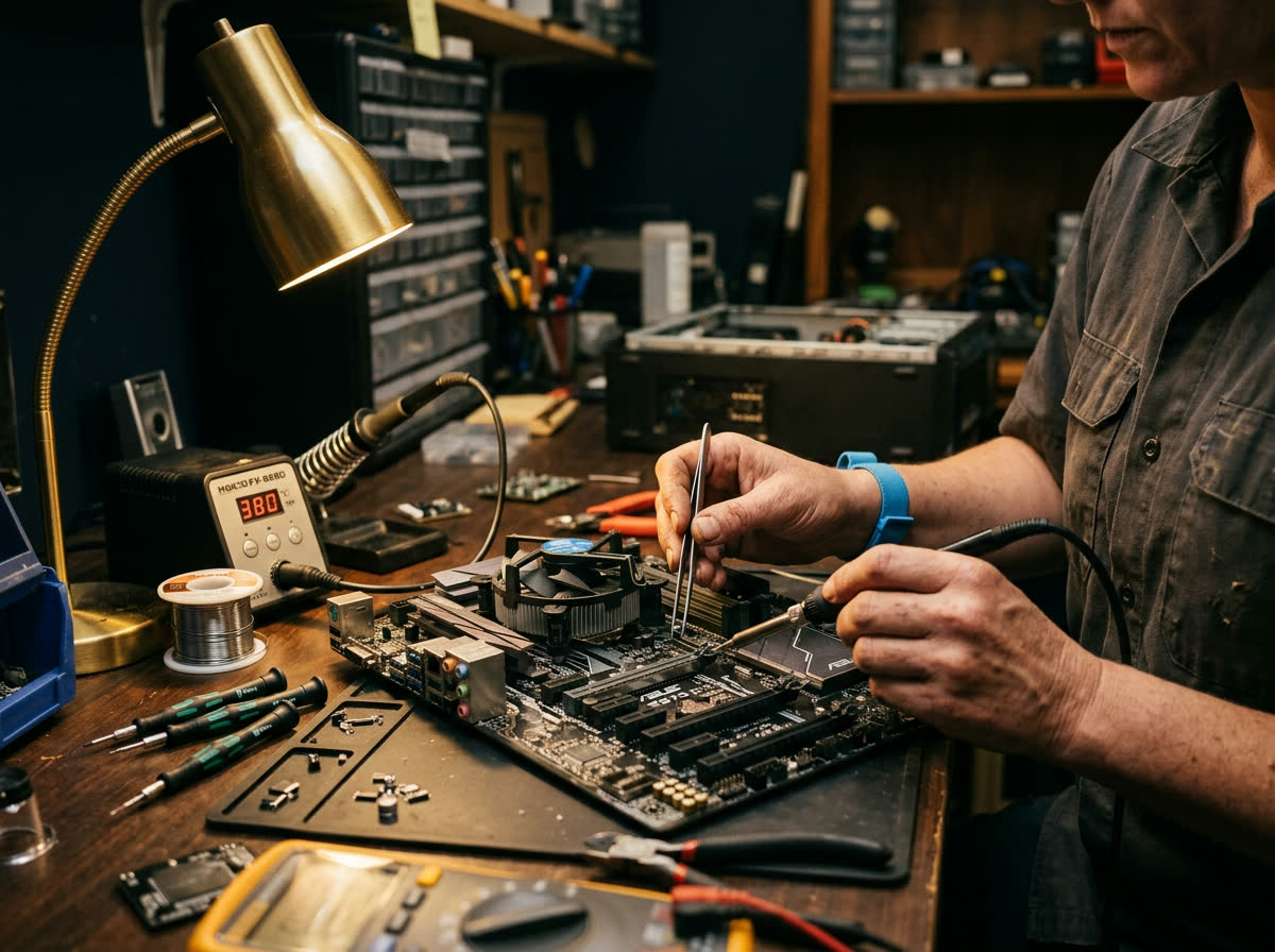 Desktop computer motherboard inspected with precision tools during a hardware failure diagnosis
