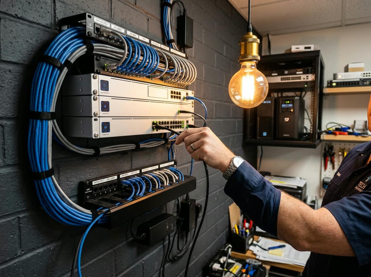 Network router, switch and neatly routed ethernet cabling installed for a small business