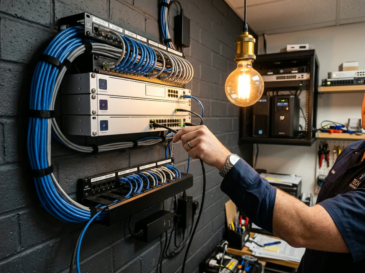 Network router, switch and Ethernet cabling installed for a small business technology setup