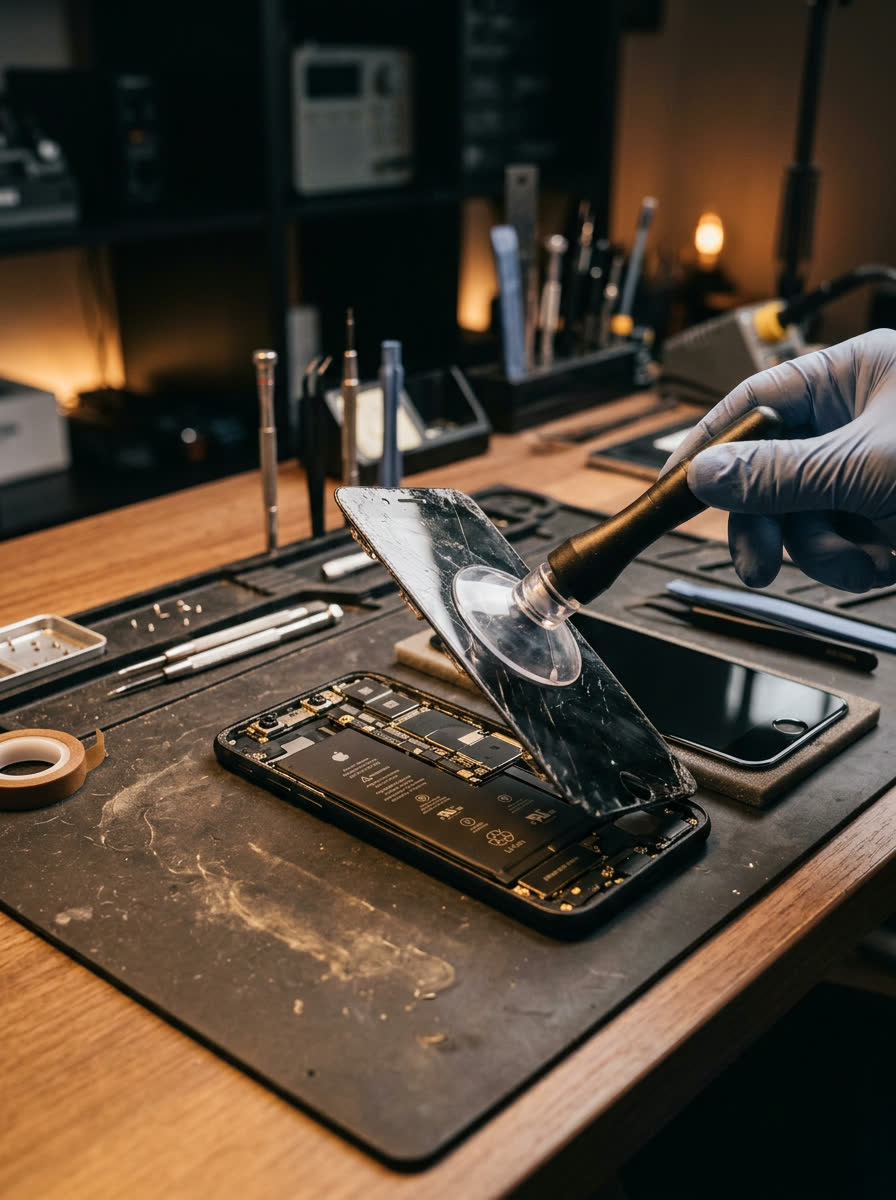 Cracked smartphone screen being lifted with a suction tool on a mobile repair bench