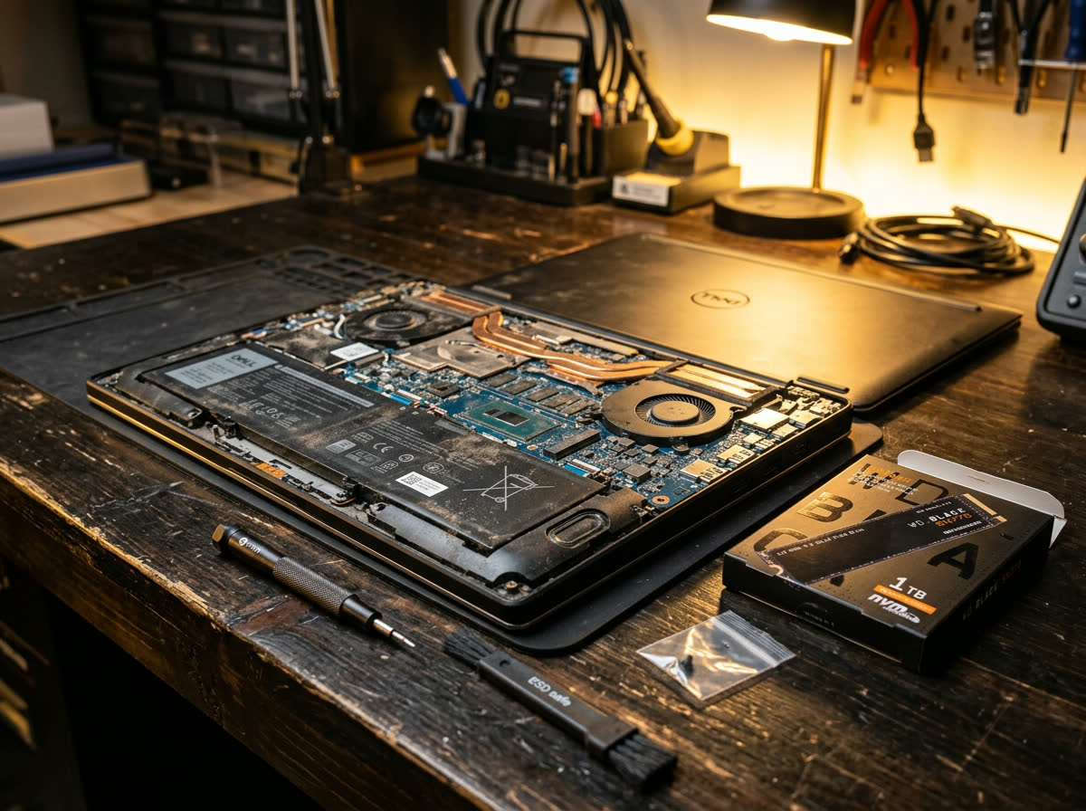 Solid state drive and screwdriver beside an opened laptop during a performance upgrade