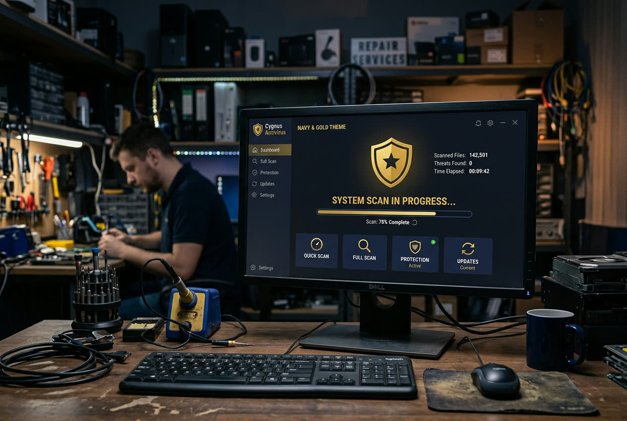 Antivirus dashboard running a full system scan on a repair shop monitor
