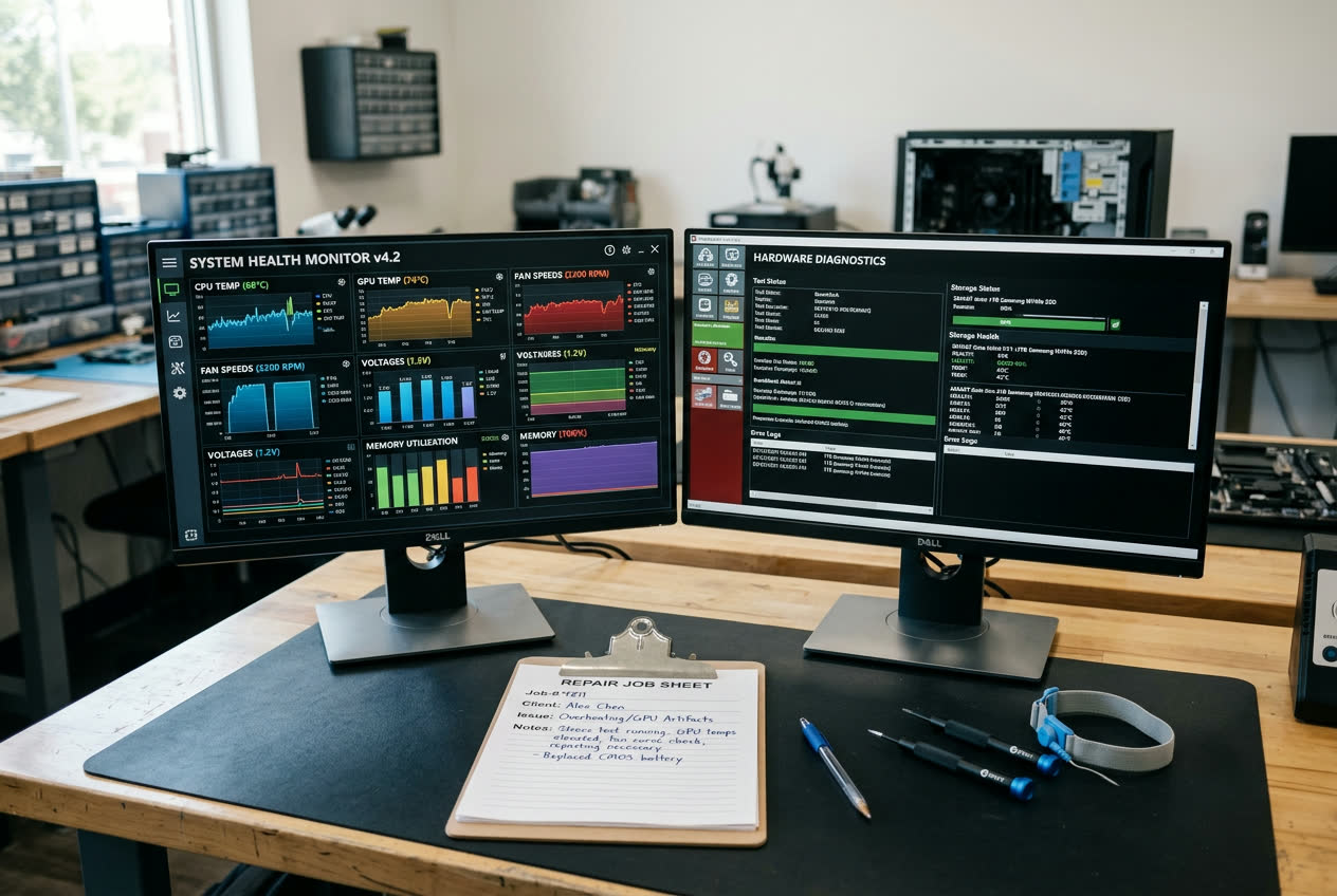 Diagnostic workstation showing driver updates and system maintenance checks after PC Matic setup