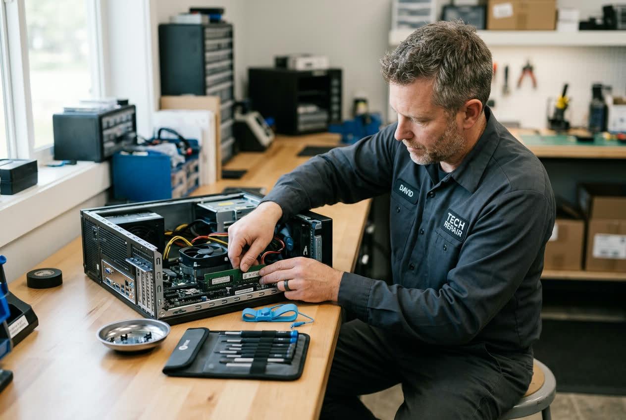 Technician installing a memory module inside an open desktop computer using anti-static gloves