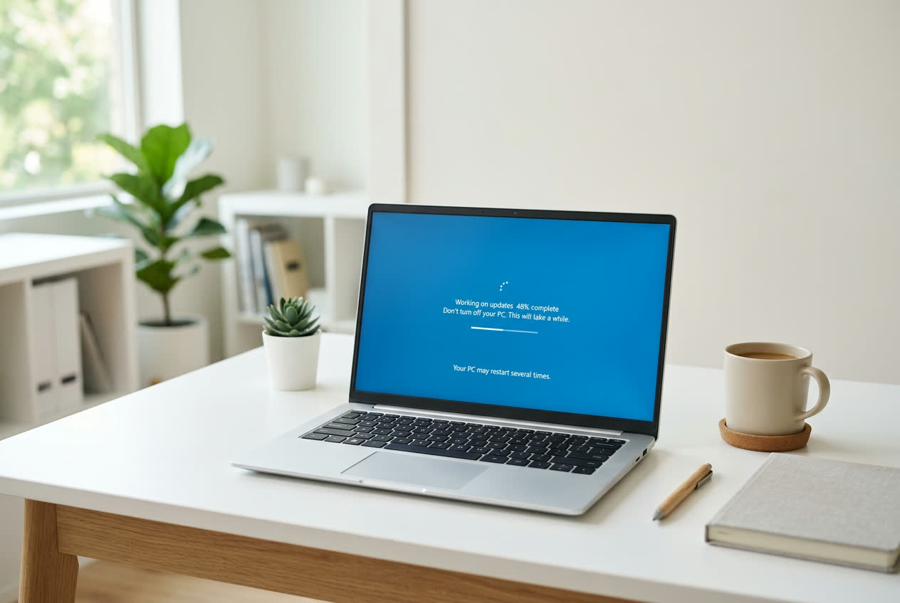 Laptop showing an operating system update progress screen during software repair