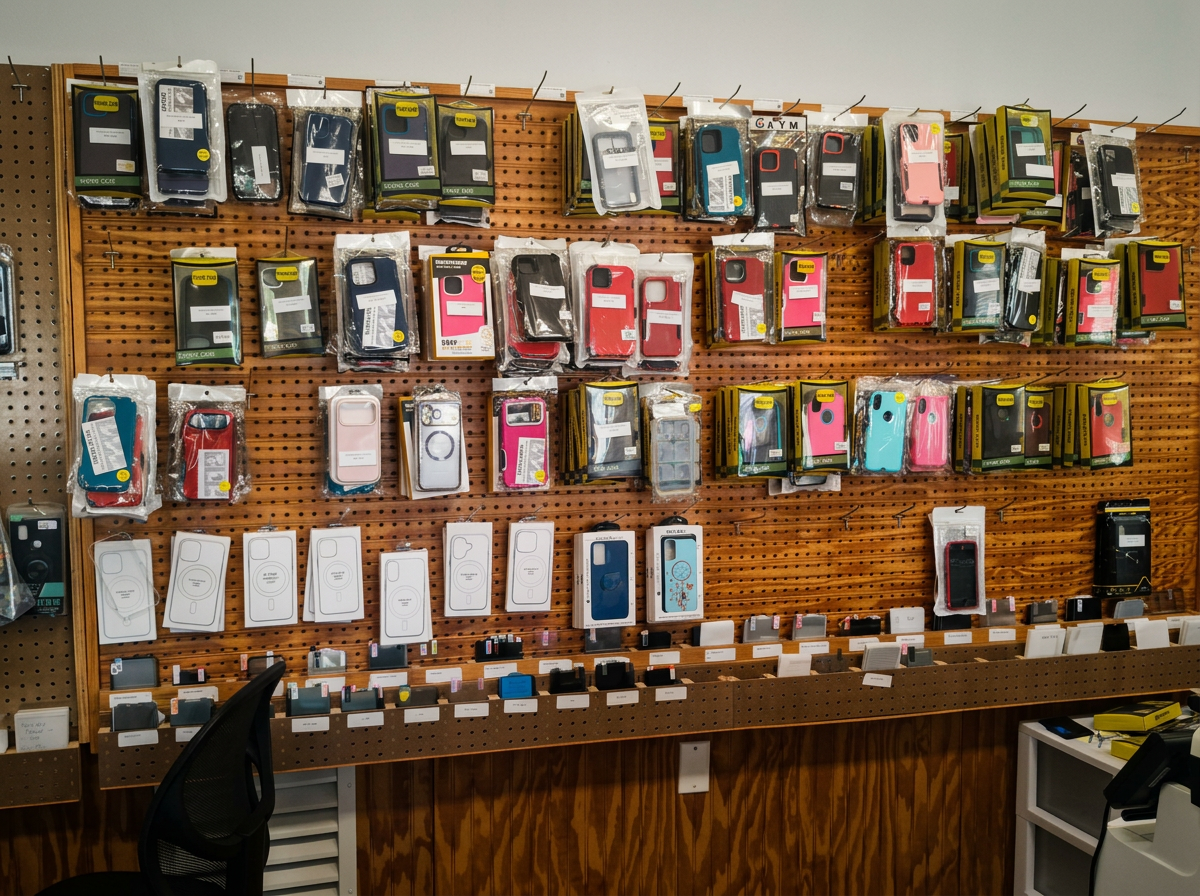 Wall display of phone cases, screen protectors and chargers in stock at the Macon MS technology shop